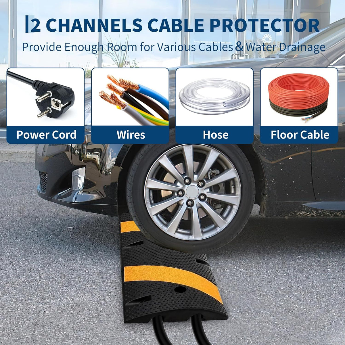 6FT Speed Bumps Wite End for Road, Heavy-Duty 25,000 Lbs Capacity Traffic Rubber Speed Humps with 2 Channel Floor Cord Cover for Asphalt Concrete Gravel Driveway Road