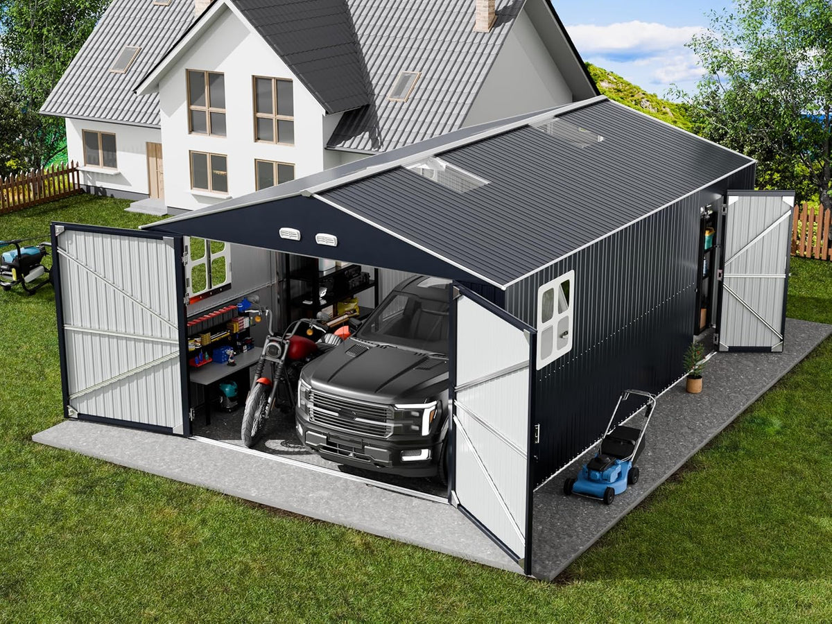 Metal Garage Shed 13x20x8.5', Large Outdoor Storage Building, Ultra-Reinforced Truss System, Weatherproof with Skylights & Dual-Entry, Steel Carport and Workshop for Car,Boat,Big Tool Organization