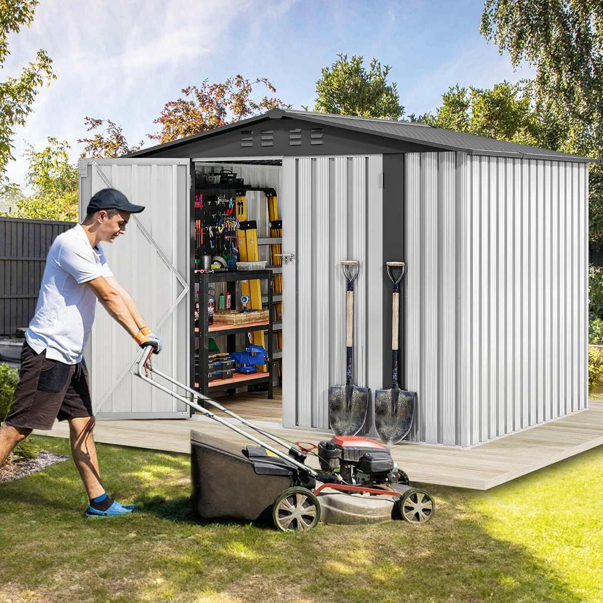 DWVO 8x6FT Outdoor Storage Shelter, Roomy Steel Tool Shed with Secure Entrances & Air Circulation for Patio, Lawn, and Backyard, Ideal for Storing Garden Gear, Lawn Tools, and Bikes, White
