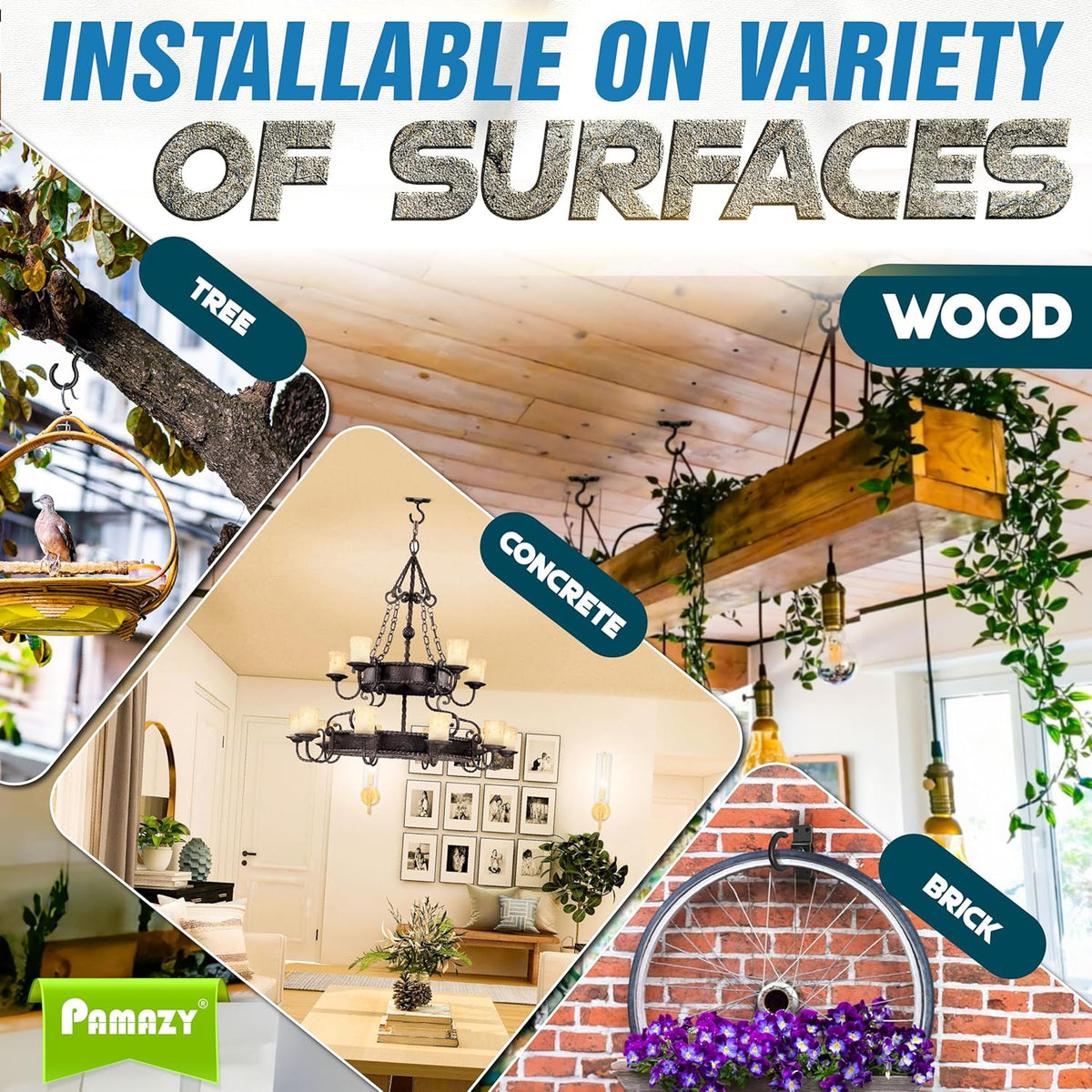 [UPGRADED] 4Pcs 200LBS Rotatable Ceiling Hooks with 4 Screw Points Base, Wall Mount Metal Hanger Black Ceiling Hook for Hanging Plant, Bird Feeder, Lights, Bed Canopy, Wind Chime, Indoor Outdoor Decor
