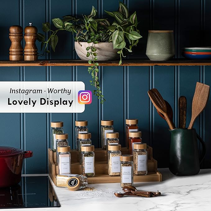 Glass Spice Jars with Label Set, Bamboo Lids & Funnel - Kitchen Airtight Storage Jars with Lids - Spices and Seasonings Sets Organizer, Spice Glass Jar with Lid Food Canister Bottle Sugar Shaker
