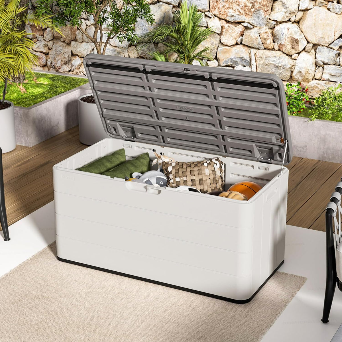 Premium Pro Edition 100 Gallon Lockable Resin Deck Box, Waterproof & UV-Resistant Outdoor Storage Box for Outdoor Cushion Storage, Garden Tools & Pool Accessories Storage, White