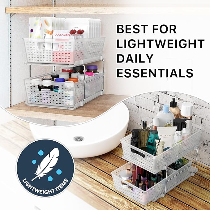 Simple Houseware 2 Tier Bathroom Organizer Tray Pull-Out Sliding Drawer/Under-Sink Storage, Clear