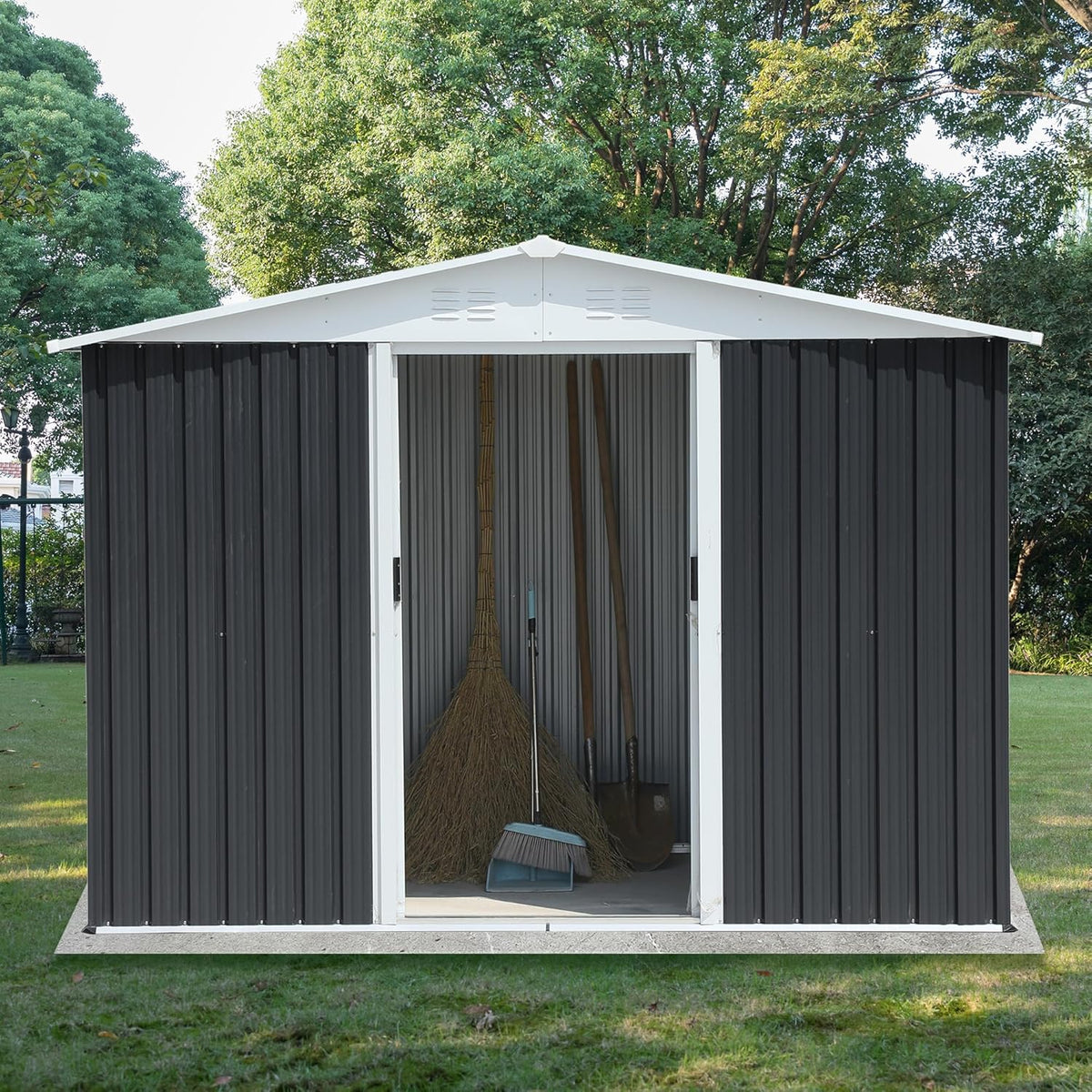 6x8 FT Outdoor Storage Shed, Metal Garden Shed with Lockable Sliding Doors, Outside Tool Shed with Sloped Roof & 4 Air Vents, Waterproof Storage Building for Backyard, Patio, Lawn, Gray