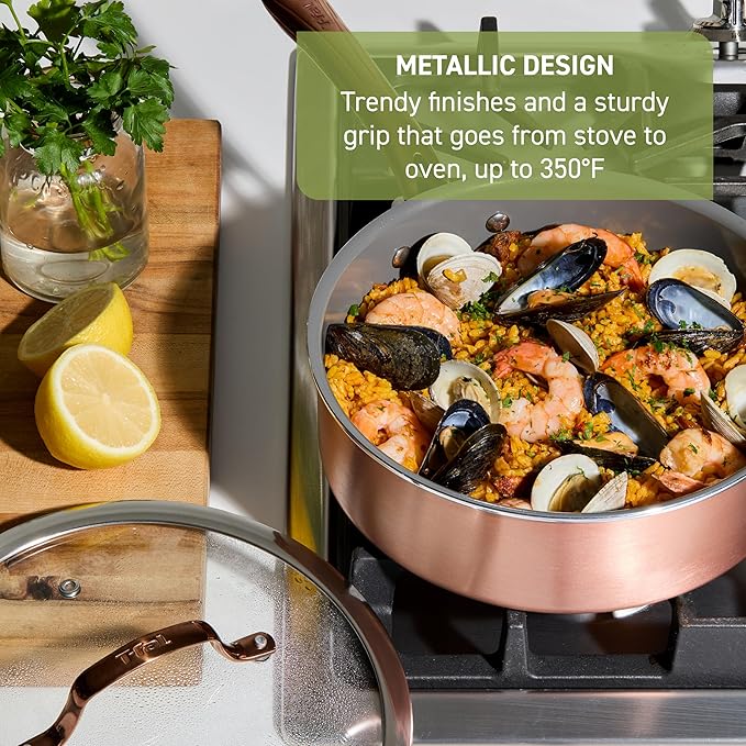 T-Fal Preserve Ceramic Nonstick Saute Pan with Lid 5.5 Qt, Oven and Broiler Safe up to 350°F Cookware, Frying Pan, Stay-Cool Handle, Skillet Pots and Pans, Rose Gold