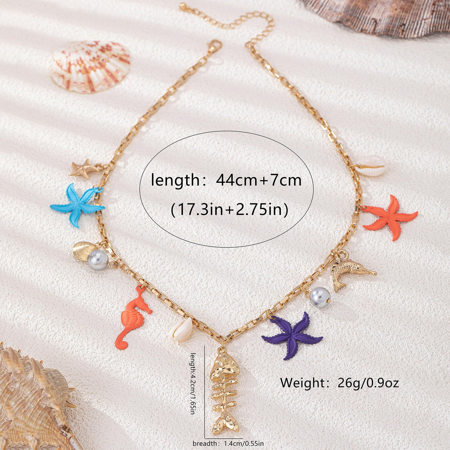 Gold Fish Charm Necklace for Women Shell Starfish Dolphin Seahorse Fishbone Pearl Seashell Pendant Necklace Fashion Trendy Chic Ocean Beach Summer Holiday Jewelry (Multicolour)
