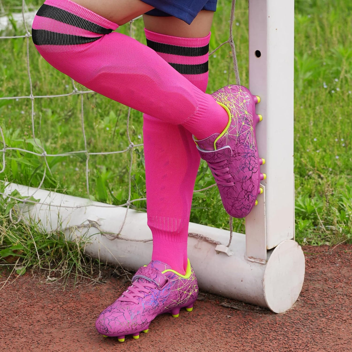 brooman Kids Firm Ground Soccer Cleats Girls Football Cleats with Shin Guards and Soccer Socks