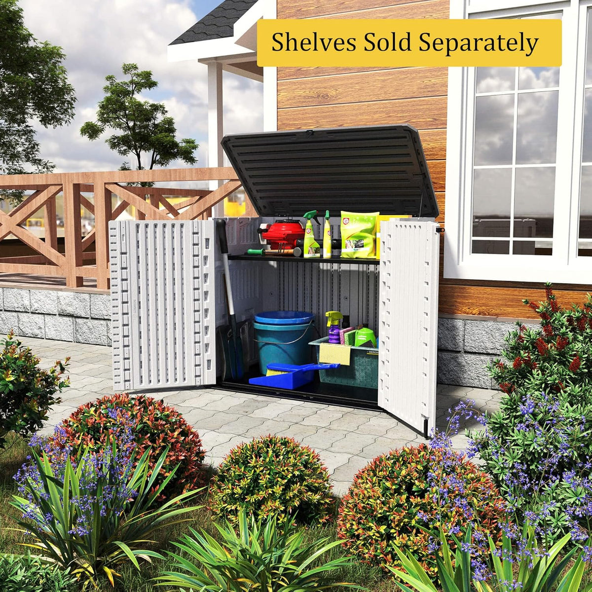HOMSPARK Storage Shed Weather Resistance, Multi-Purpose Outdoor Storage Cabinet Waterproof, Outdoor Storage Cabinet for Garbage Cans, Lawnmower, Garden Accessories (Off White, Standard-26 cu ft)