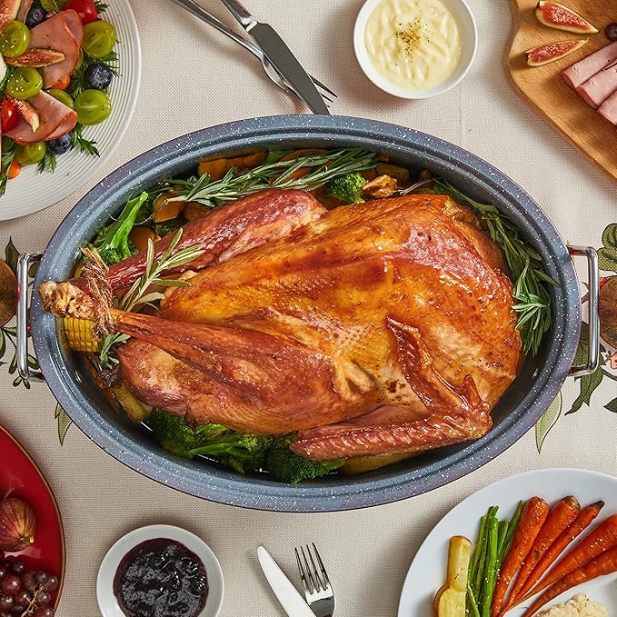 BRONYPRO Roasting Pan with Rack, 18-Inch Granite Roaster with Lid, 20 lb Capacity for Turkey, Chicken, and Vegetables, Red