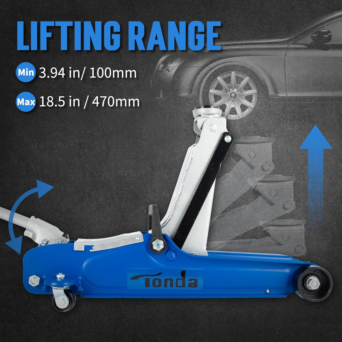 TONDA Low Profile Car Jack, 2.5 Ton (5,000 lb) Hydraulic Trolley Floor Jack for Garage, Home, Shop, Lifting Range 3.35" to 14.57", Blue