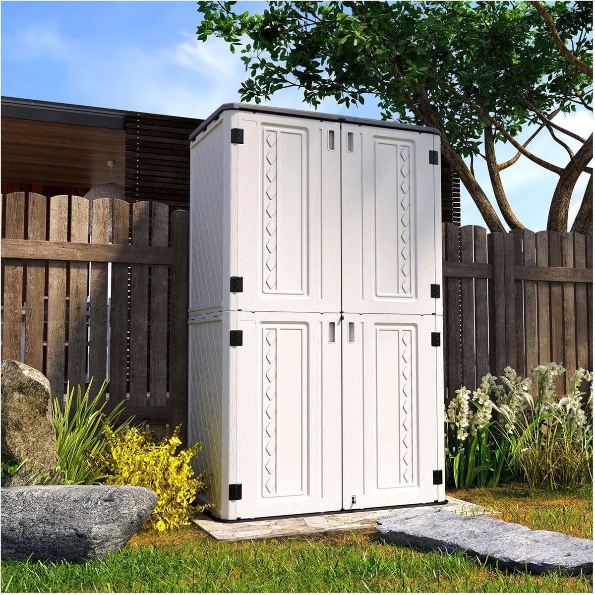HOMSPARK Storage Shed Weather Resistance, Multi-Purpose Outdoor Storage Cabinet Waterproof, Outdoor Storage Cabinet for Garbage Cans, Lawnmower, Garden Accessories (Off White, Tall shed-53 cu ft)