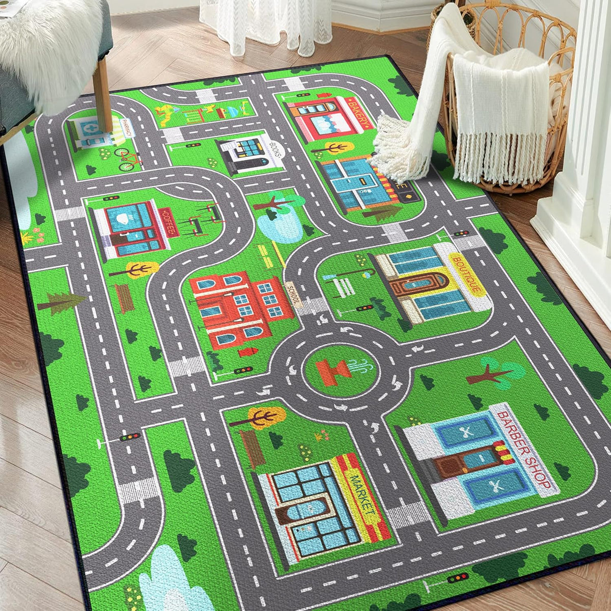 Play Rug for Playroom 3x4 Car Mat Town City Road Map for Boys Bedroom Fun Car Play Area Carpet Non-Slip Washable