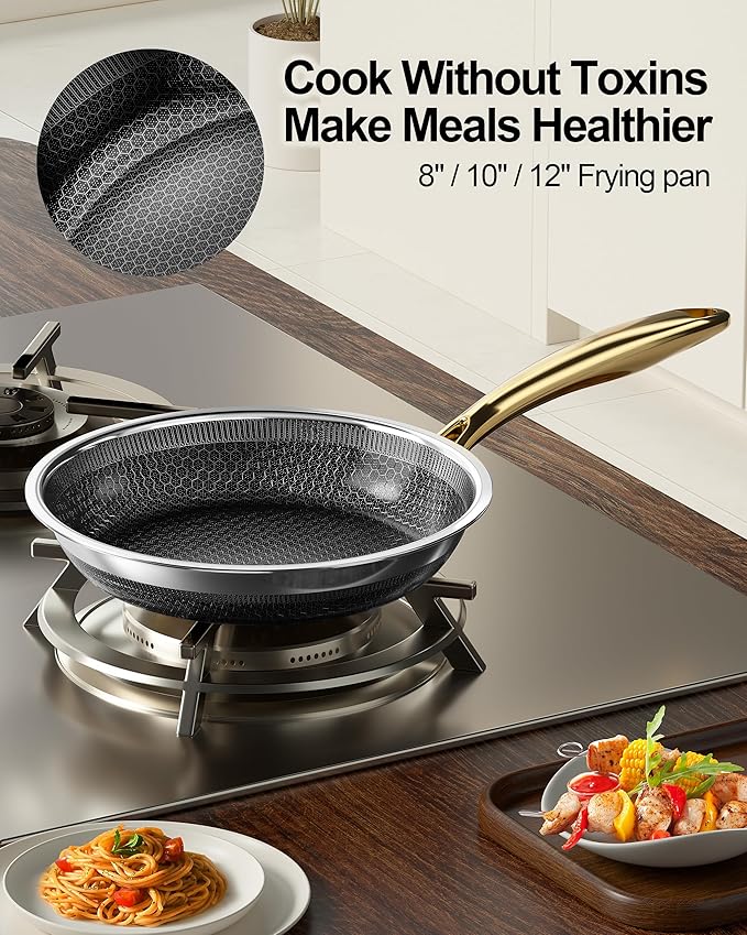 FogDream 8, 10, 12" Stainless Steel Frying Pan, Honeycomb Hybrid Nonstick Skillet for Induction & All Cooktops, PFAS/PFOA/PTFE Free, Oven Safe to 500°F, Stay-Cool Handle, Dishwasher Safe, Gold