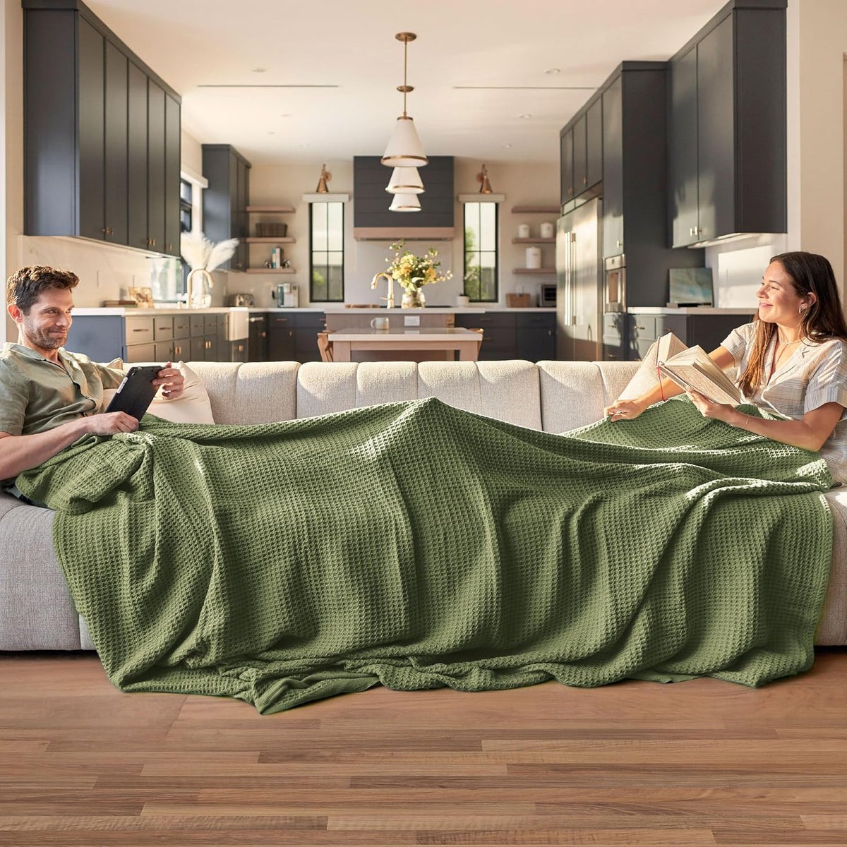 Bedsure 100% Cotton Blanket Queen Size for Bed - Breathable and Soft, Waffle Weave Blanket for Summer, Thick Cozy Fall Blankets for Women Gift, Olive Green, 90x90 Inches