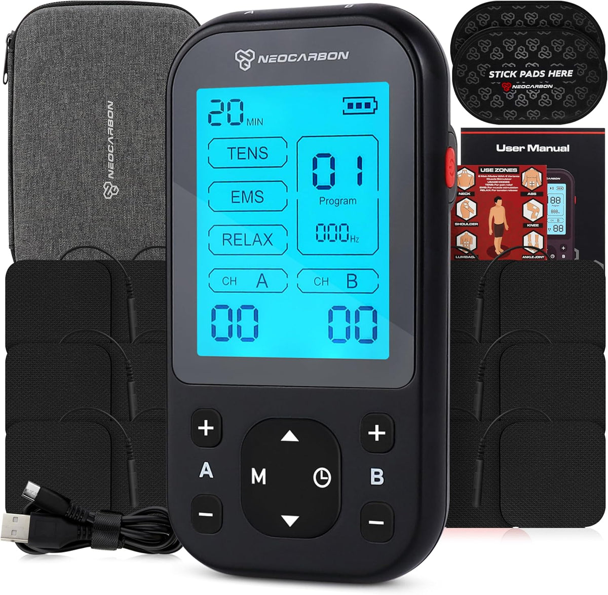TENS Unit Muscle Stimulator Pro for Back Pain Relief, Shoulder Recovery and Physical Therapy, Electronic EMS Massager Machine with PMS Pulse for Effective Shock Therapy, Black