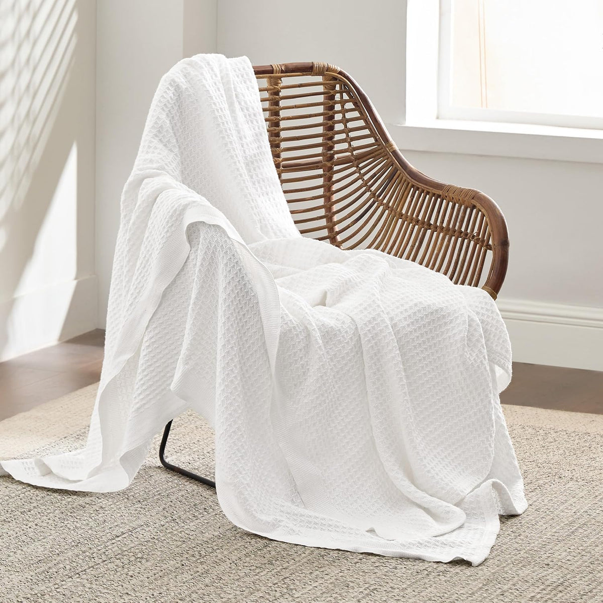 Bedsure 100% Cotton Large Throw Blanket for Couch 50x70 inches - Breathable and Soft, Waffle Weave Throw Blanket for Office, White