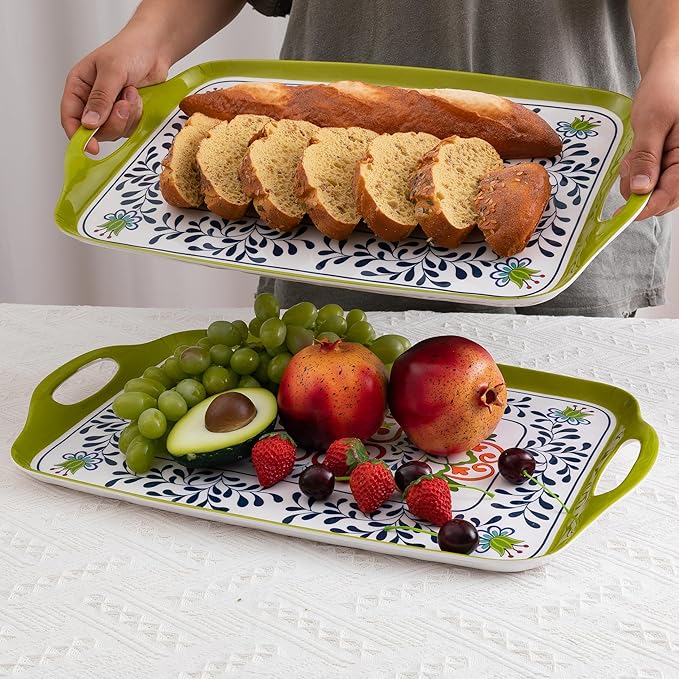 Large Serving Platter with Handles,19”x12”Large Rectangular Melamine Serving Tray Set of 2, Kitchen Food and BBQ Serving Platter, Talavera Grilling Prep and Serve Tray, Dishwasher Safe