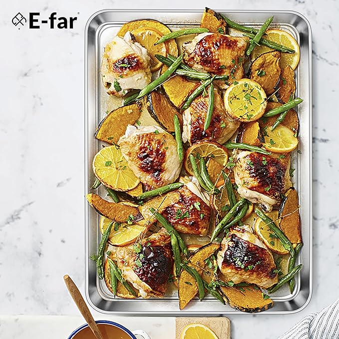 E-far Baking Sheets Set of 4, 16” x12” x 1” Stainless Steel Cookie Sheets Pans for Oven, Non-toxic Metal Trays for Baking Cake Cookie, Healthy & Rust Free, Mirror Finish & Dishwasher Safe