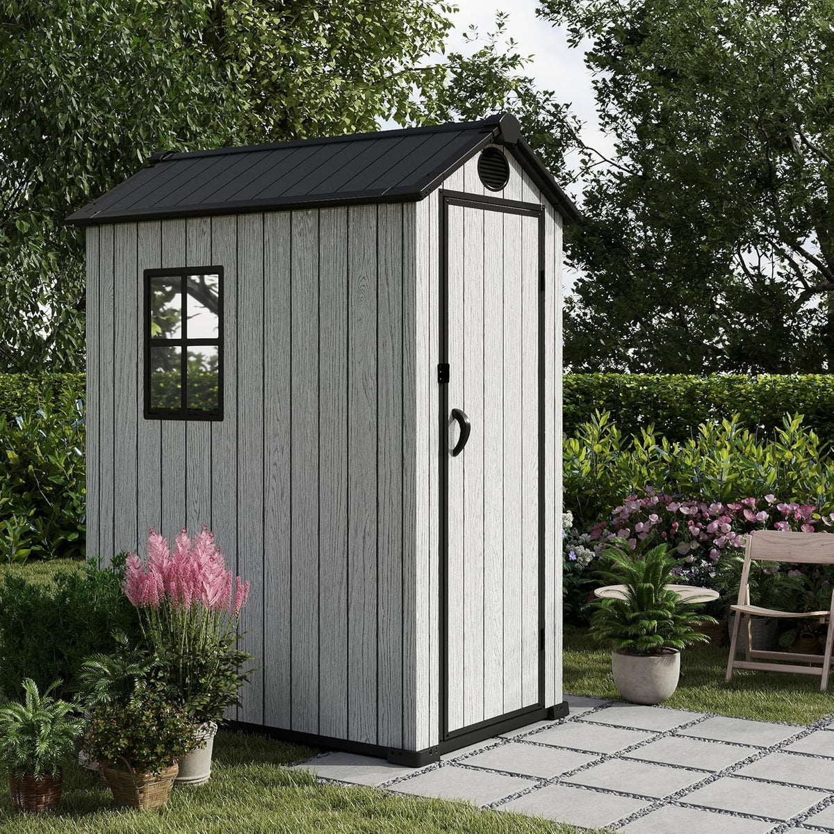 3.4x5.3 FT Resin Outdoor Storage Shed, 125 Cuft Garden Tool Sheds & Outdoor Storage Plastic Shed with Floor, 7FT Tall Backyard Outside Lawn Mower Storage Shed with Side Window, Cemented Grey
