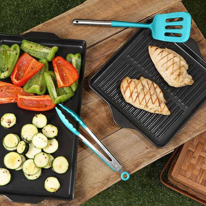 Larder & Vine 12-Piece Silicone Kitchen Cooking Utensils Set with Stainless Steel Handle and Ceramic Holder, Dishwasher Safe Set of Kitchen Essentials (Bondi)