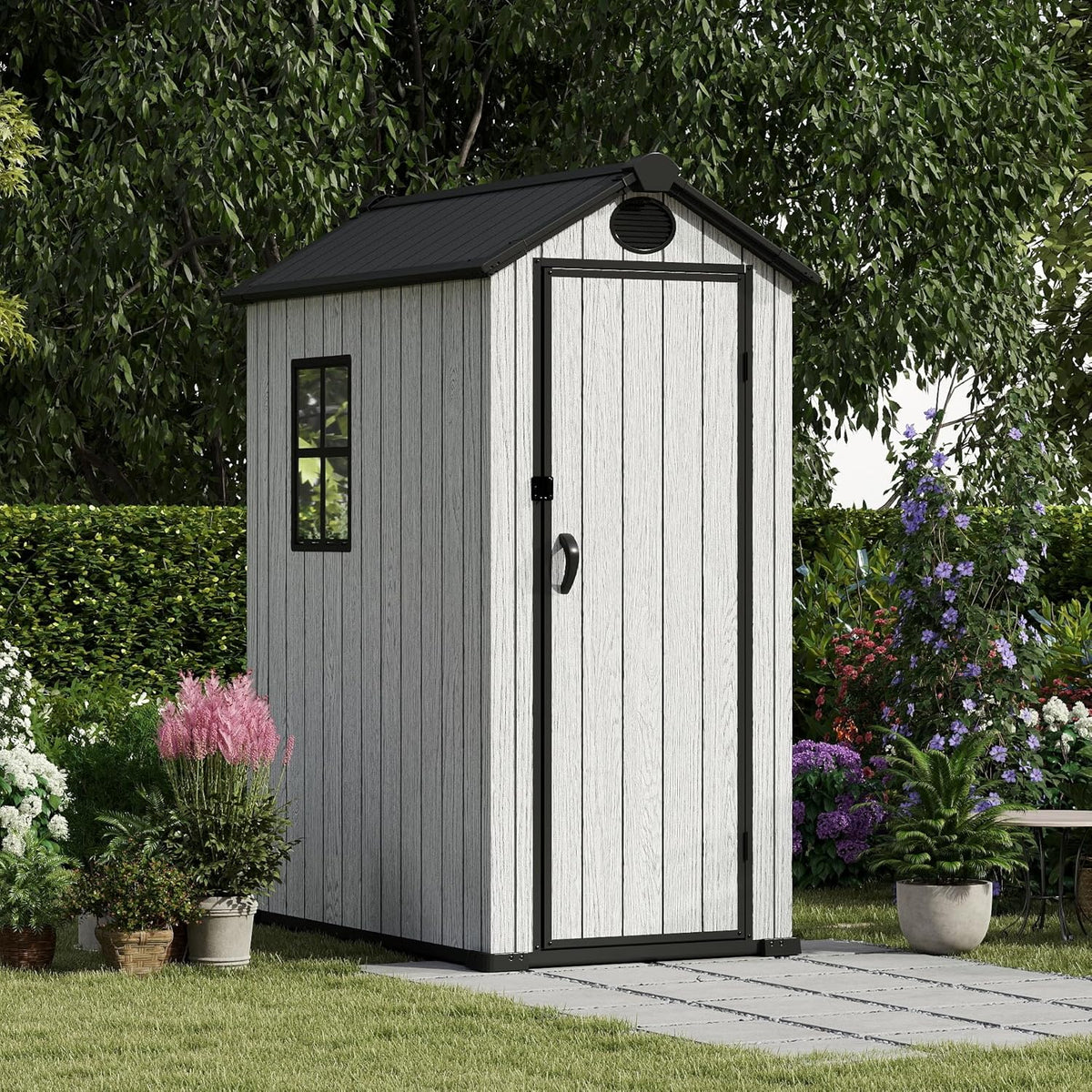 3.4x5.3 FT Resin Outdoor Storage Shed, 125 Cuft Garden Tool Sheds & Outdoor Storage Plastic Shed with Floor, 7FT Tall Backyard Outside Lawn Mower Storage Shed with Side Window, Cemented Grey