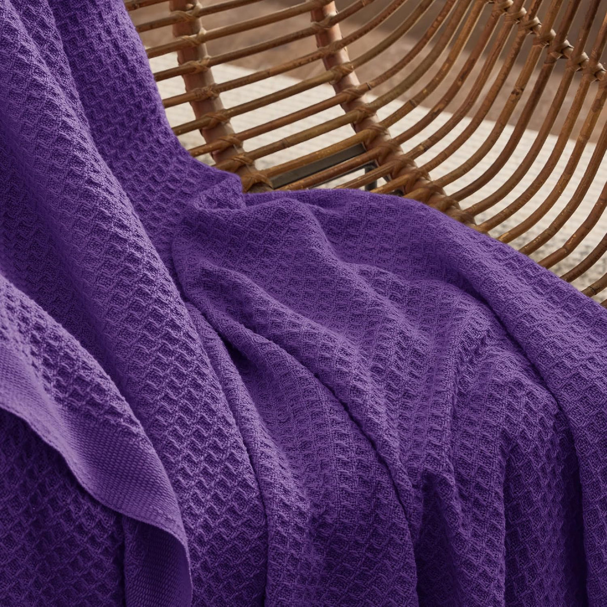 Bedsure 100% Cotton Blanket Queen Size for Bed - Breathable and Soft, Waffle Weave Blanket for Summer, Thick Cozy Fall Blankets for Women Gift, Purple, 90x90 Inches