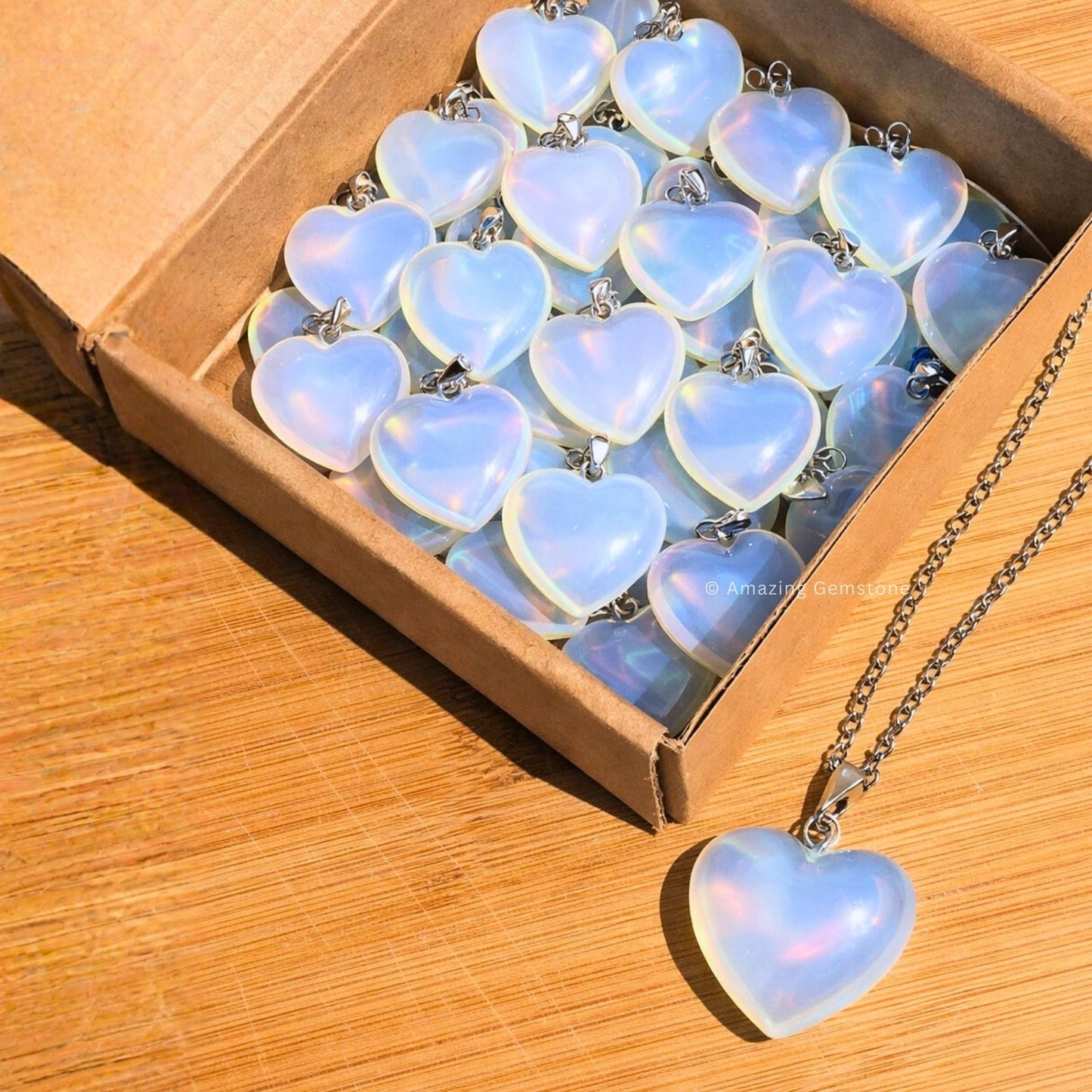 Opalite Neck lace - Healing Crystal Neck lace with Opalite Heart by Taylor - Elegant Jewelry for Energy Balance and Spiritual Healing - Gift for Women on Mothers Day, Christmas, Valentine (Puffy Heart)