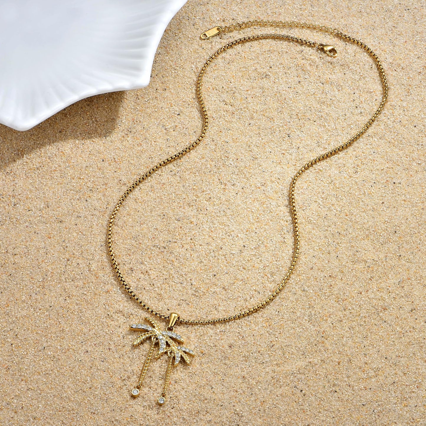 NUZON Summer Vacation Palm Tree Necklace for Women, 14K Real Gold Plated Stainless Steel CZ Coconut Tree Pendant Necklace, Dainty Tropical Beach Jewelry, Everyday Layered Chain Necklace Gift Adjustable 18"