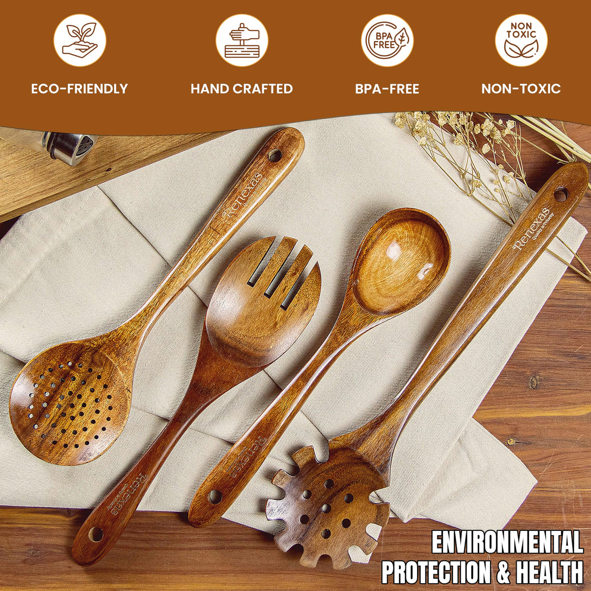 Renexas 12 Pcs Teak Wooden Spoons for Cooking– Non-Toxic, Non-Stick Kitchen Utensils Set Wood Spatulas with Hooks, Spoon Rest & Holder – Lightweight, Heat Resistant, Eco-Friendly.