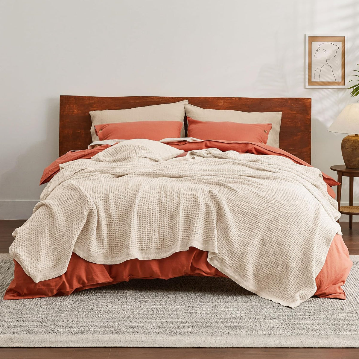 Bedsure 100% Cotton Blanket King Size for Bed - Breathable and Soft, Waffle Weave Blanket for Summer, Thick Cozy Fall Blankets for Women Gift, Yellowish Cream, 104x90 inches