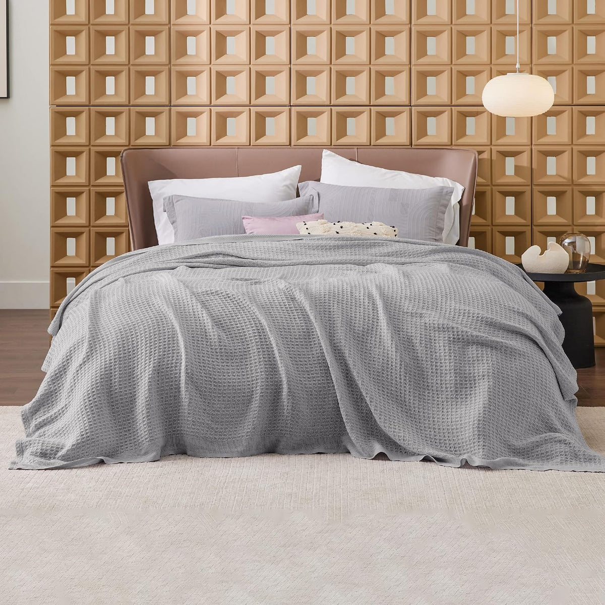 Bedsure 100% Cotton Blanket King Size for Bed - Breathable and Soft, Waffle Weave Blanket for Summer, Thick Cozy Fall Blankets for Women Gift, Grey, 104x90 inches