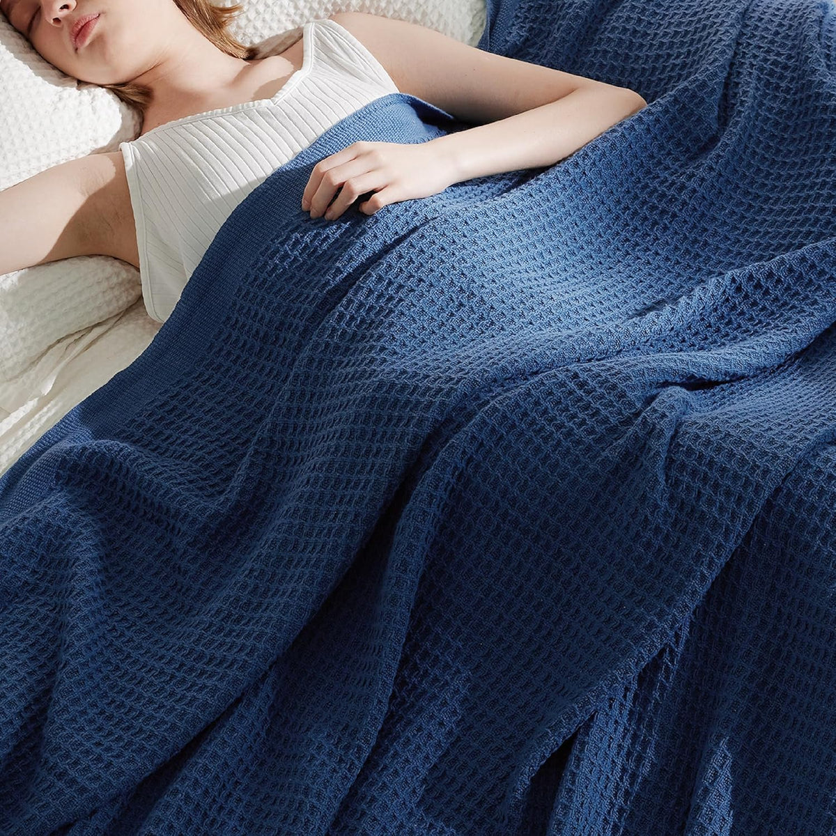 Bedsure 100% Cotton Large Blanket Oversized King for Bed - Breathable Thick Waffle Weave Blanket for Summer, Couch Cover, Navy, 120x94 inches