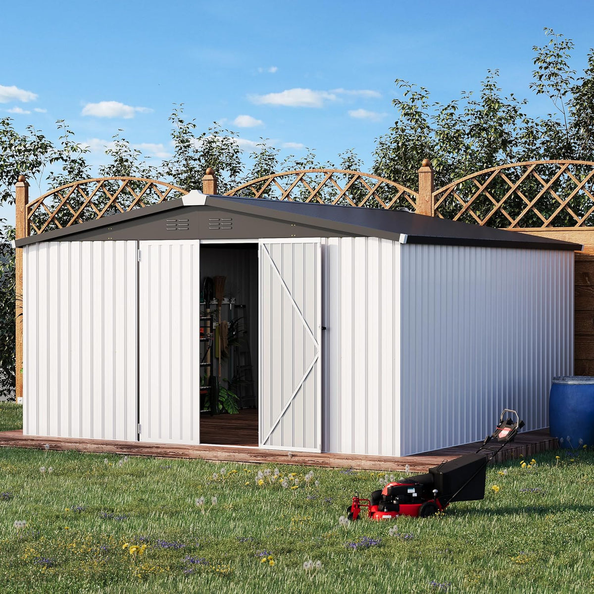 AECOJOY 12' x 12' Outdoor Storage Shed, Large Metal Sheds & Outdoor Storage Clearance Steel Yard Shed with Lockable Doors, Utility and Tool Storage Garden Shed for Backyard, Patio and Outside