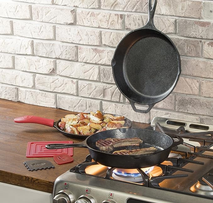 Lodge Cast Iron Set - 7-Piece Set - Pre-Seasoned Kitchen Essentials Set - Skillet, Griddle & Dutch Oven Included - PFAS-Free Non-Toxic Cookware