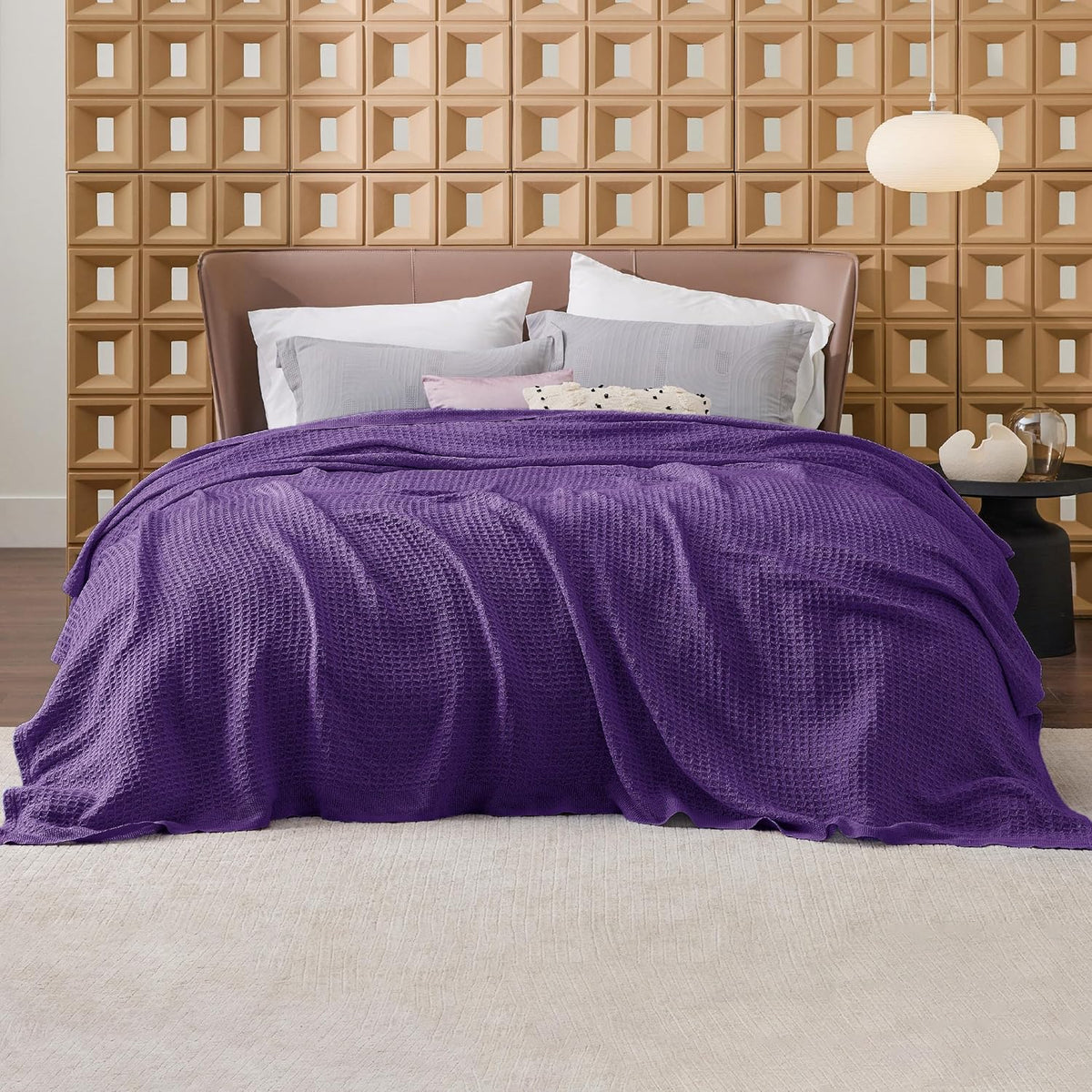 Bedsure 100% Cotton Blanket Queen Size for Bed - Breathable and Soft, Waffle Weave Blanket for Summer, Thick Cozy Fall Blankets for Women Gift, Purple, 90x90 Inches