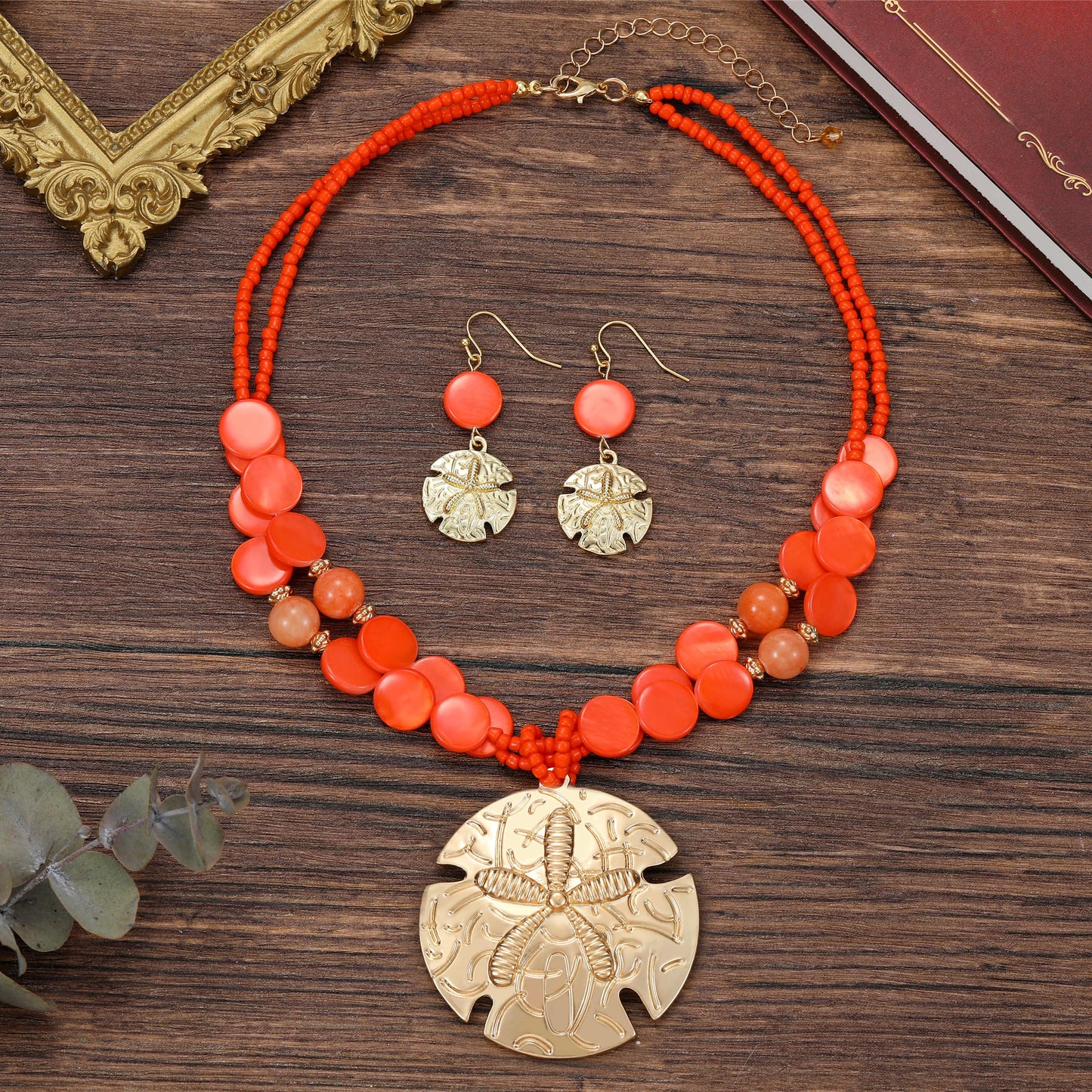 Perla Beaded Statement Necklace and Earrings Set for Women, Gold Medallion Pendant with Starfish Charm Earrings, Fashion Jewelry Set (Orange)