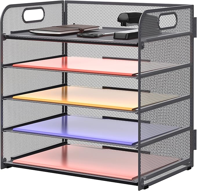 Supeasy 5 Trays Paper Organizer Letter Tray with Handle-Mesh Desk File Organizer, Grey Paper Sorter Desk Organizer for Office, Home or School