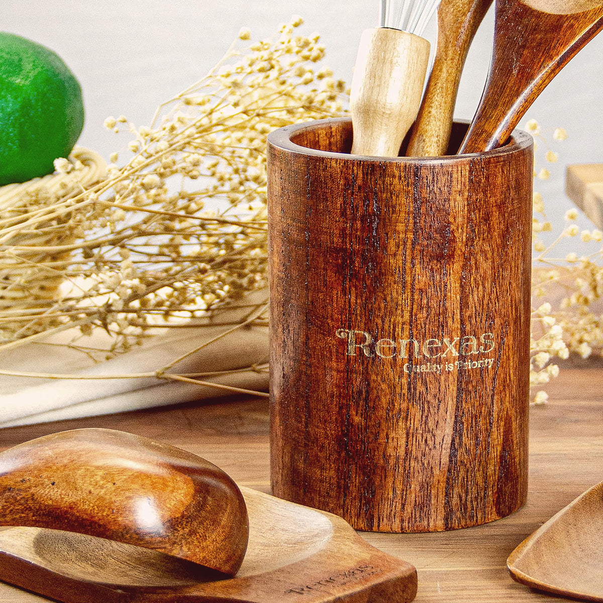 Renexas 12 Pcs Teak Wooden Spoons for Cooking– Non-Toxic, Non-Stick Kitchen Utensils Set Wood Spatulas with Hooks, Spoon Rest & Holder – Lightweight, Heat Resistant, Eco-Friendly.