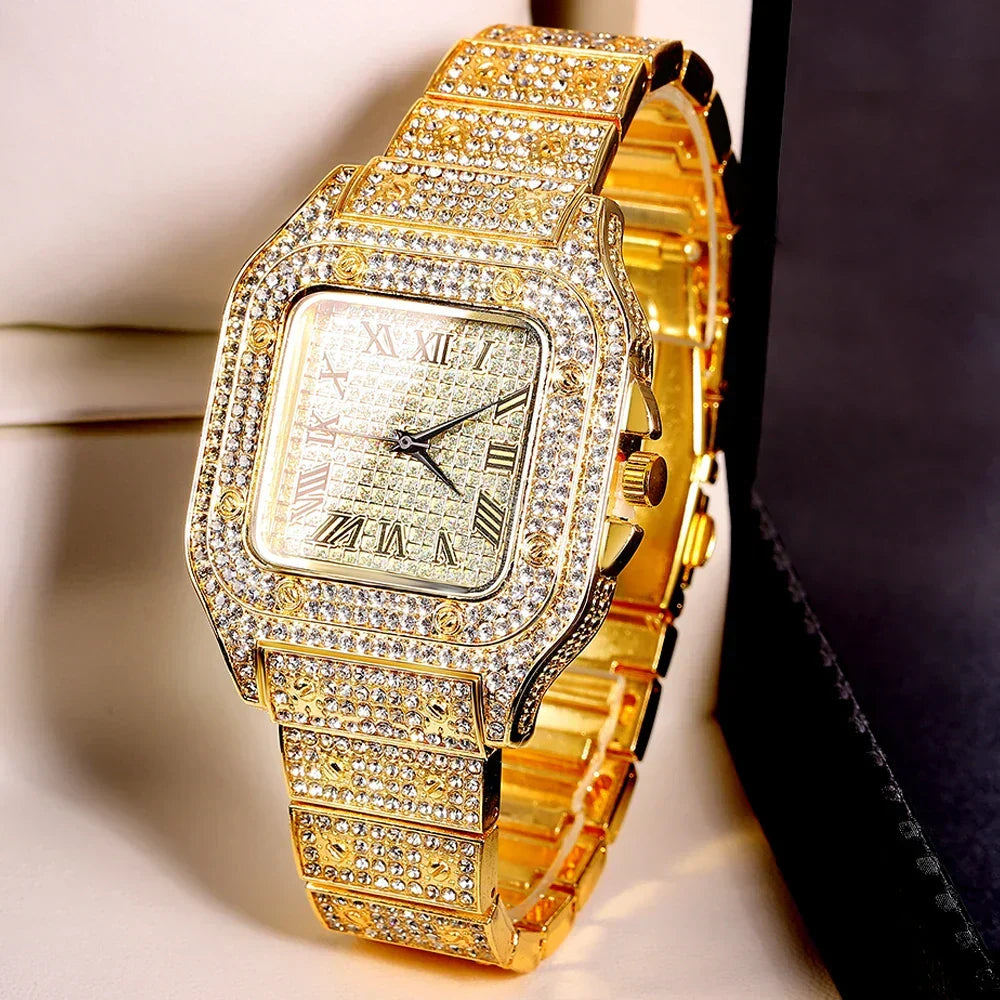 Gold Cuban Chain Watch Set