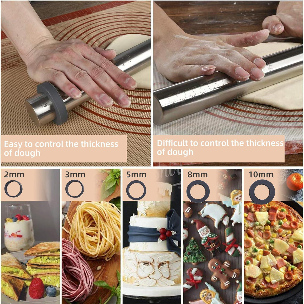 Adjustable Rolling Pin with Thickness Rings for Baking -Non Stick Stainless Steel Dough Roller Pin with Bands for Cookie,Wood,Wooden and Bread (Grey, 15.8 '')