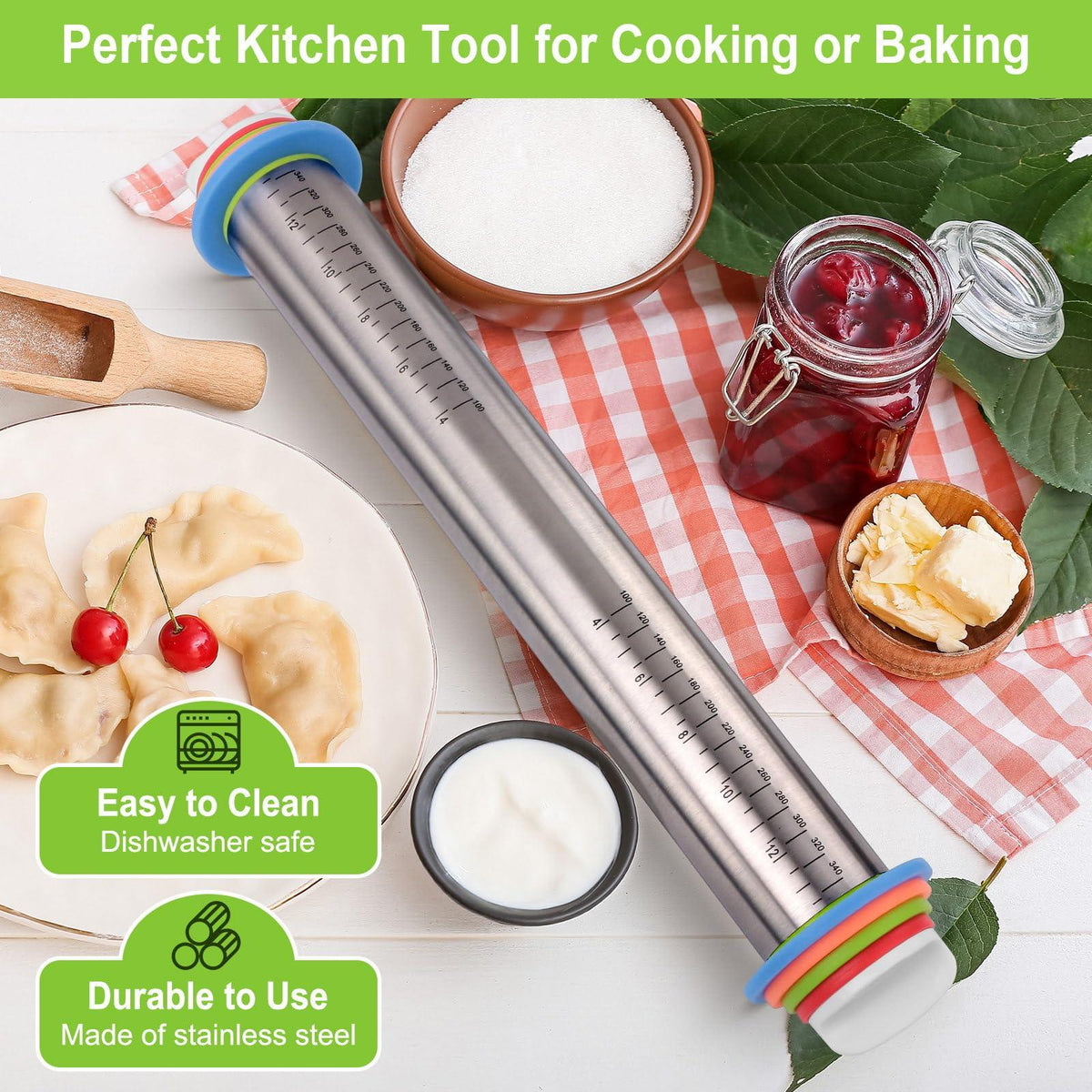 Adjustable Rolling Pin with Thickness Rings for Baking, Stainless Steel Designs Dough Roller Pins for Cookie Decorating Baking Supplies Fondant Cake Baker Gift