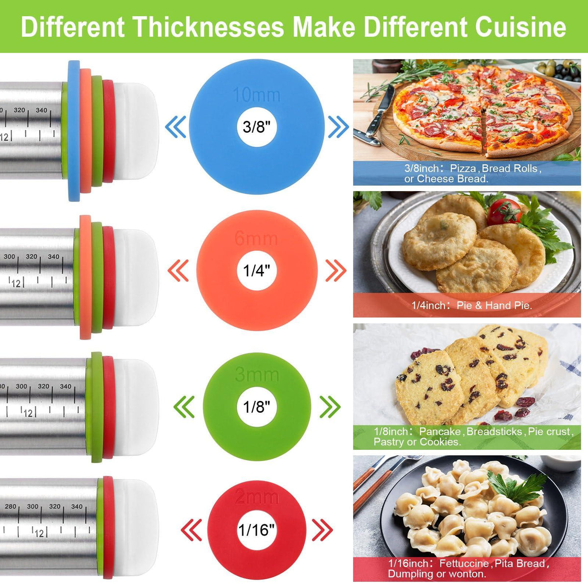 Adjustable Rolling Pin with Thickness Rings for Baking, Stainless Steel Designs Dough Roller Pins for Cookie Decorating Baking Supplies Fondant Cake Baker Gift