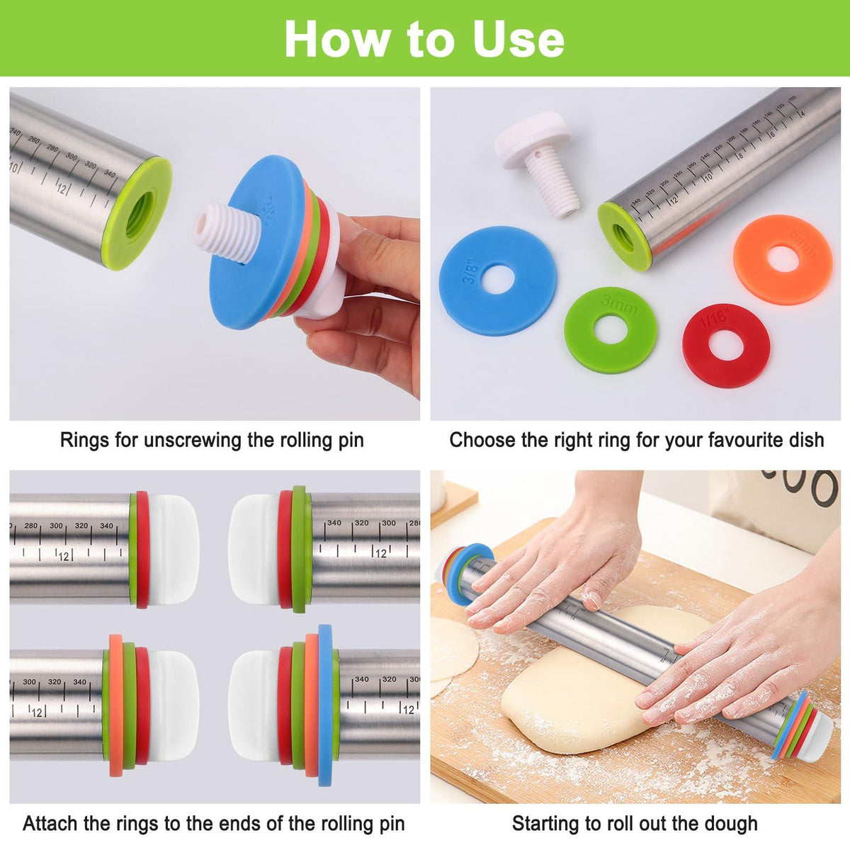 Adjustable Rolling Pin with Thickness Rings for Baking, Stainless Steel Designs Dough Roller Pins for Cookie Decorating Baking Supplies Fondant Cake Baker Gift