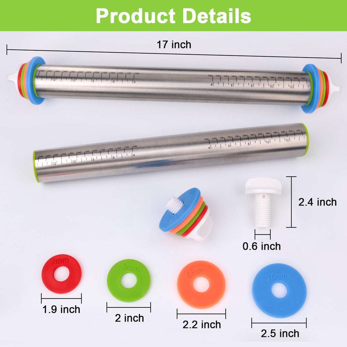 Adjustable Rolling Pin with Thickness Rings for Baking, Stainless Steel Designs Dough Roller Pins for Cookie Decorating Baking Supplies Fondant Cake Baker Gift