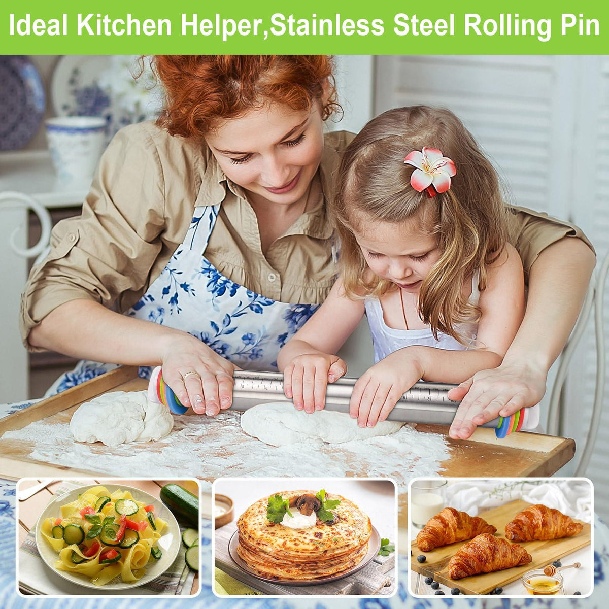 Adjustable Rolling Pin with Thickness Rings for Baking, Stainless Steel Designs Dough Roller Pins for Cookie Decorating Baking Supplies Fondant Cake Baker Gift