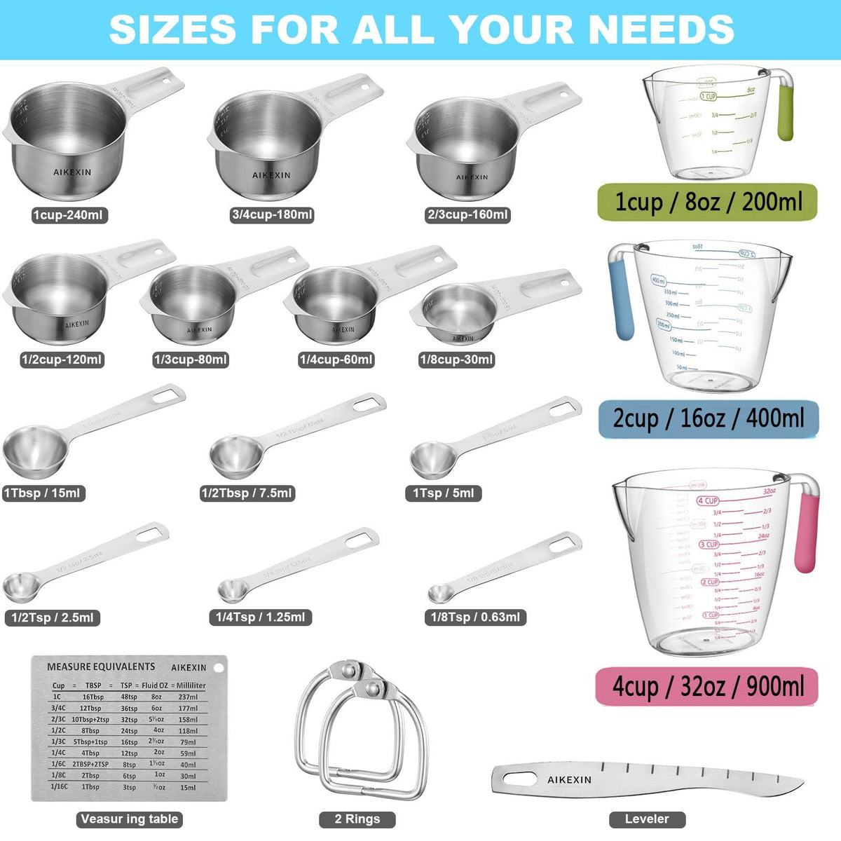 AIKEXIN 20-Piece Measuring Cups and Spoons Set, Nesting Stainless Steel Measuring Cups Spoons with Plastic Measuring Cup for Dry and Liquid Ingredients, Kitchen Cooking & Baking Gadgets