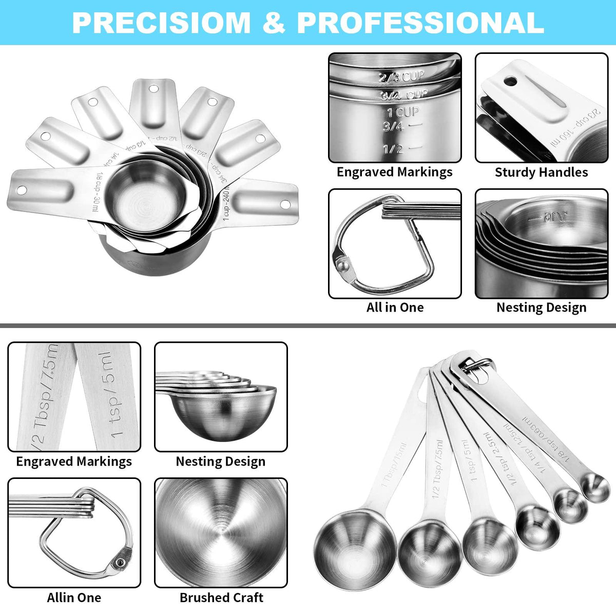 AIKEXIN 20-Piece Measuring Cups and Spoons Set, Nesting Stainless Steel Measuring Cups Spoons with Plastic Measuring Cup for Dry and Liquid Ingredients, Kitchen Cooking & Baking Gadgets