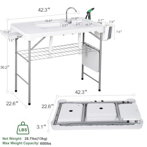 Allpop Folding Fish Cleaning Table with 2 Sinks & Grid Rack, 42.5'' Portable Camping Fish Fillet Station with Foldable Faucet, Drainage Hose, Sprayer, Storage Box, Drawer & Grooves for Picnic, White…