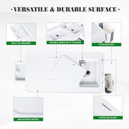 Allpop Folding Fish Cleaning Table with 2 Sinks & Grid Rack, 42.5'' Portable Camping Fish Fillet Station with Foldable Faucet, Drainage Hose, Sprayer, Storage Box, Drawer & Grooves for Picnic, White…