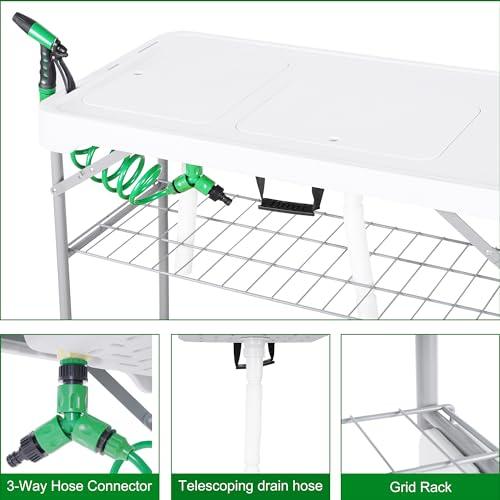 Allpop Folding Fish Cleaning Table with 2 Sinks & Grid Rack, 42.5'' Portable Camping Fish Fillet Station with Foldable Faucet, Drainage Hose, Sprayer, Storage Box, Drawer & Grooves for Picnic, White…